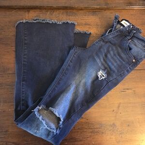BAMBOO Dark Blue Flare Jeans with Distressed Accents